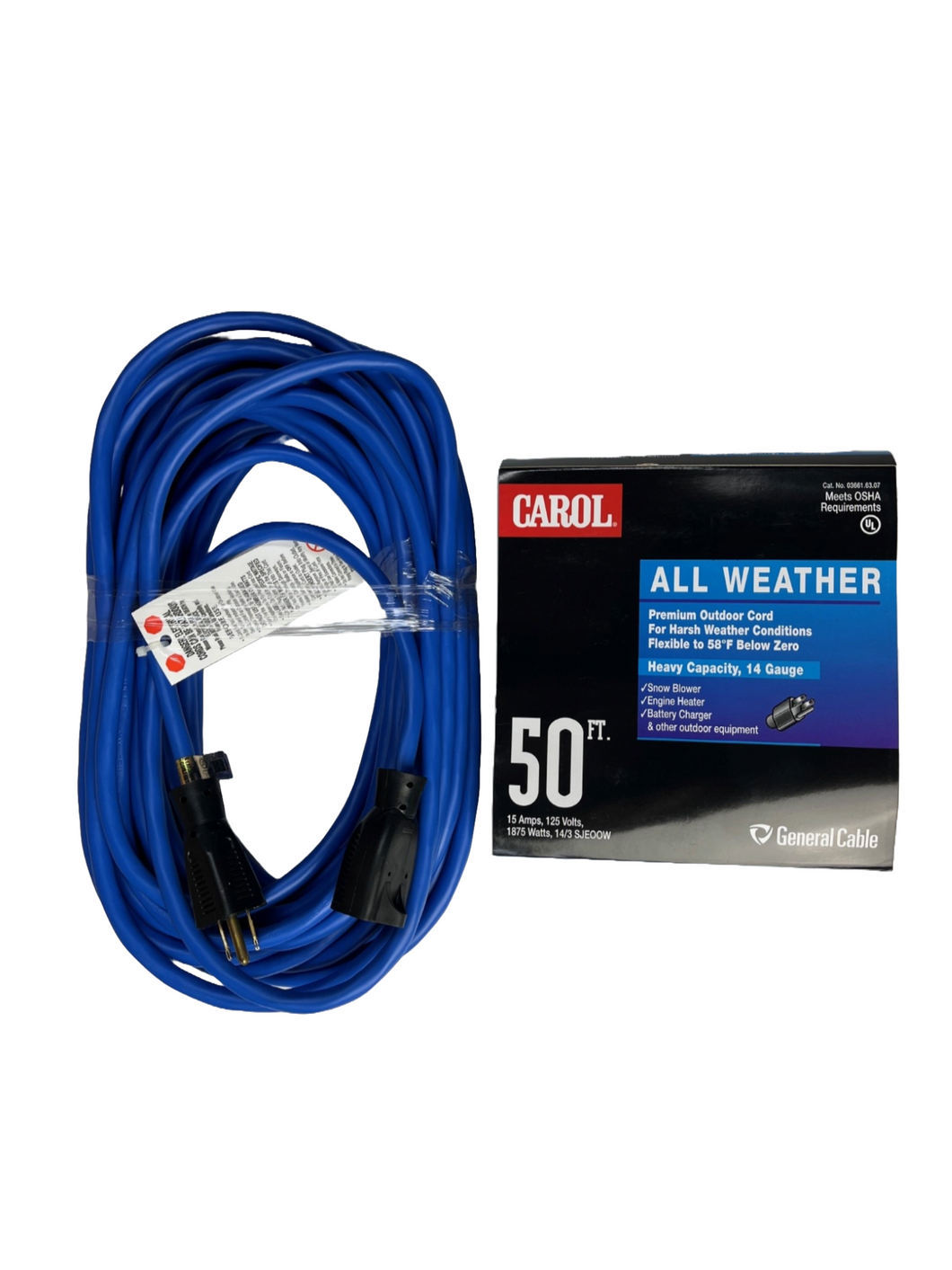 50ft CAROL 03661.63.07 All Weather 14 Gauge Extension Cord 15 Amps UL OSHA