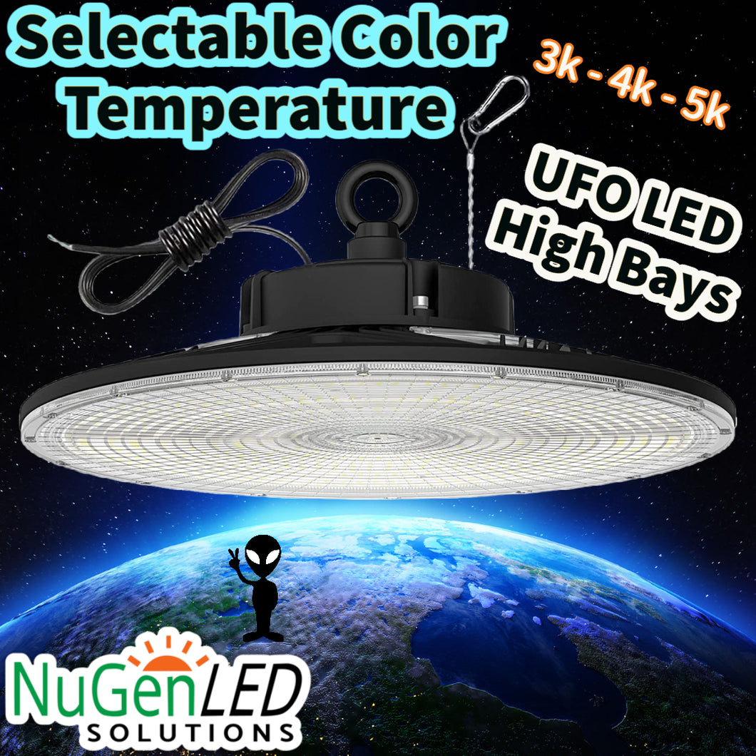 Color & Watt Selectable 80w 100w 150w UFO Round High Bay LED Light Fixture 20852 Lumens 3000k 4000k 5000K NG-UFOPR-150WC-358-B