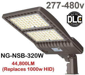 NG-SB-320WH-508 LED 480v Shoebox Pole DLC Light Fixture 5000K Slip Fitter or Arm Mount 44,800LM