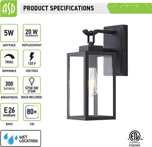 ASD-WLT21-1326-BK LED Outdoor Wall Lantern Sconce 13in Black E26 with Bulb