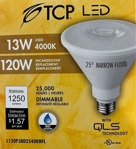 TCP PAR 38 L120P38D2540KNFL 13 Watts LED 120w Replacement 25 deg beam narrow flood 1250 Lumens Wet Location
