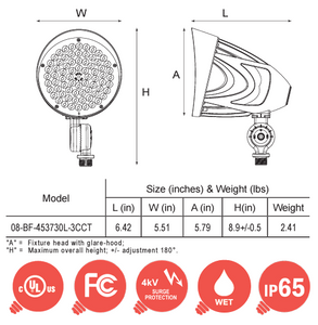 LED Bullet Flood Light BF-453730L-3CCT Dimmable Watt Color Select 120-277vac