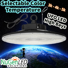 Load image into Gallery viewer, Color &amp; Watt Selectable 80w 100w 150w UFO Round High Bay LED Light Fixture 20852 Lumens 3000k 4000k 5000K NG-UFOPR-150WC-358-B