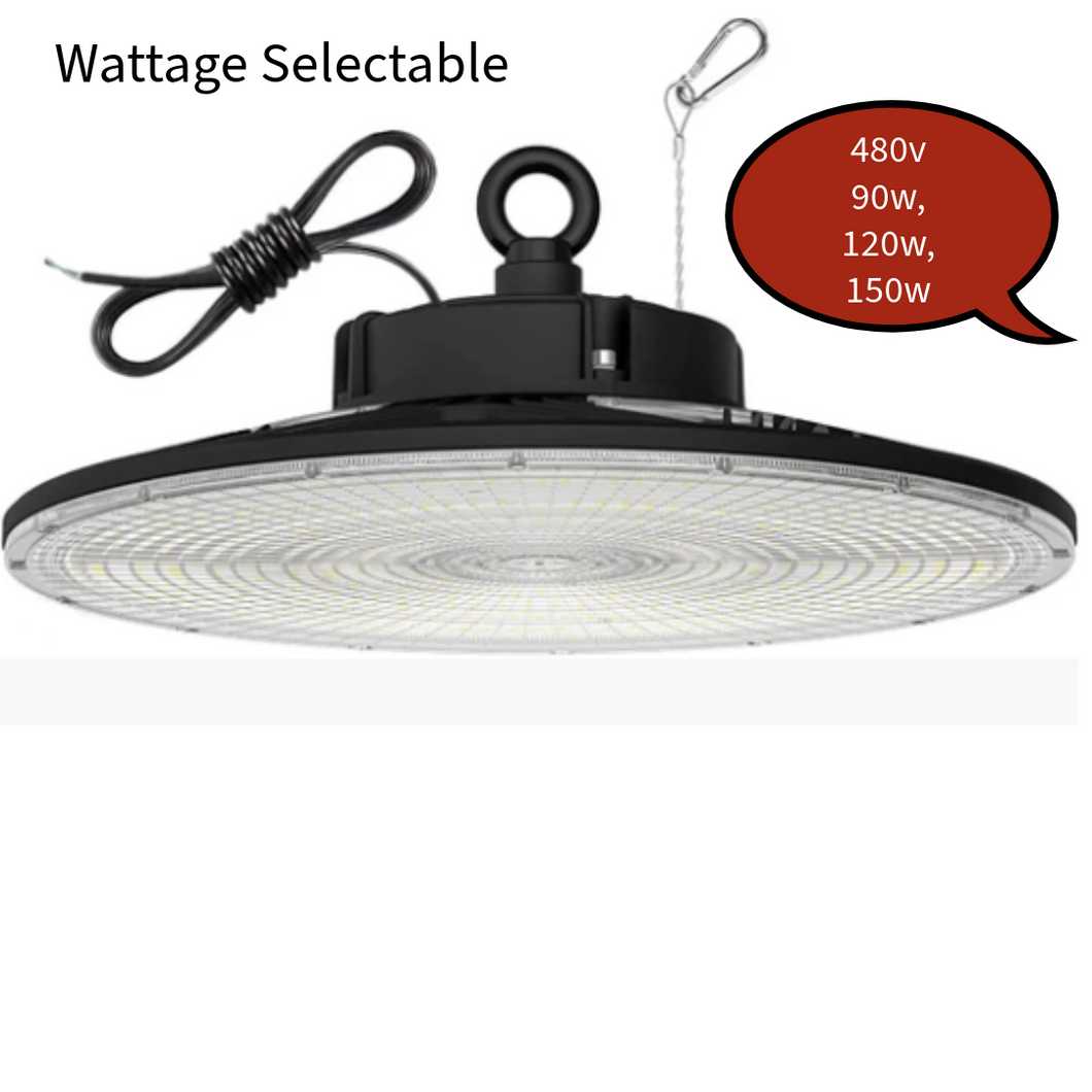 480v Selectable 90w 120w 150 Watt UFO Round High Bay LED Fixture 20079 Lumens 5000K Dimmable