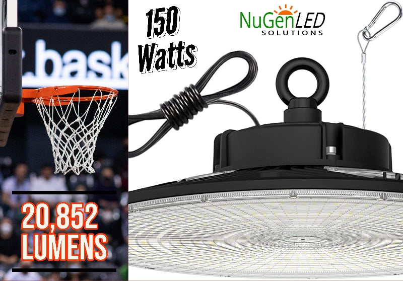 150 Watt Premium DLC UFO Round High Bay Gym Basketball LED Light Fixture 20852 Lumens 5000K NG-UFOPR-150W-50K