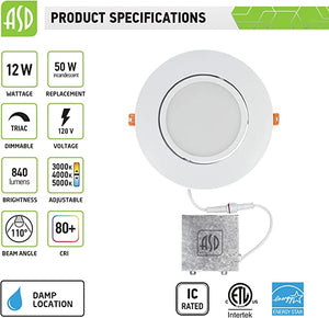 6-PACK ASD-LMPJBR-GB-6D12CC-WH 6 in Gimbal Canless Recessed Downlight 3000k-4000k-5000k color adjustable