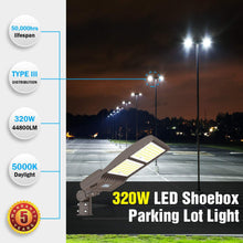 Load image into Gallery viewer, NG-NSB-320W LED PREM DLC Shoebox Light Fixture 5000K Slip Fitter or Pole Mount 44,800LM 120-277v photocell Option