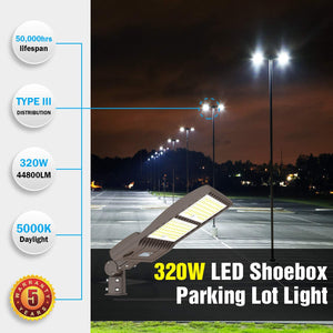 NG-NSB-320W LED PREM DLC Shoebox Light Fixture 5000K Slip Fitter or Pole Mount 44,800LM 120-277v Integrated Photocell
