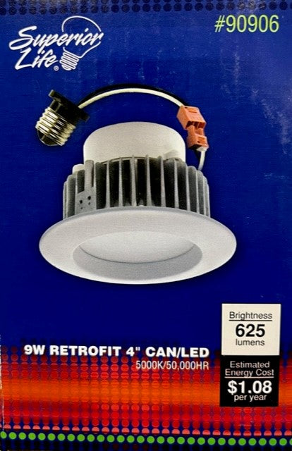 Superior Life 4 inch Retrofit Can Insert 5000k Daylight 625 Lumens 9 watts Model 90906