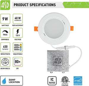 ASD 4 Inch Gimbal LED Recessed down light w/ Junction Box 3 CCT Selectable 3000K 4000K 5000K LED Dimmable Downlight Directional 9W 630Lm