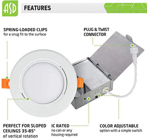 ASD 4 Inch Gimbal LED Recessed down light w/ Junction Box 3 CCT Selectable 3000K 4000K 5000K LED Dimmable Downlight Directional 9W 630Lm