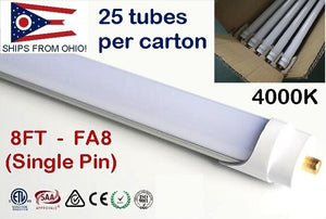 8FT 40 Watt Single Pin FA8 LED Tube Choose 4k 5k Bypass 100-277 VAC ZS-T8-40P8FT-FA8-F