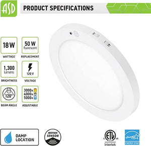 ASD-MPR-9N18CC-MS-WH  LED Round Surface Mini Panel 9" 18W CCT Selectable 3000/4000/5000K Motion Sensor White Energy Star