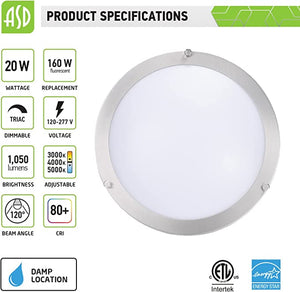 ASD-LFMDR-12D20CC-NK 12 Inch Ceiling Light 3000 4000 5000K Adjustable 120-277V LED Fixture 20W 1400LM Brushed Nickel Energy Star