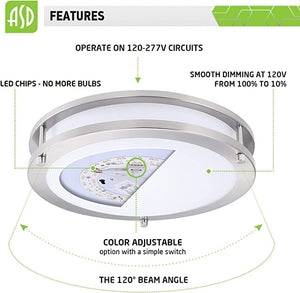 ASD-LFMDR-12D20CC-NK 12 Inch Ceiling Light 3000 4000 5000K Adjustable 120-277V LED Fixture 20W 1400LM Brushed Nickel Energy Star