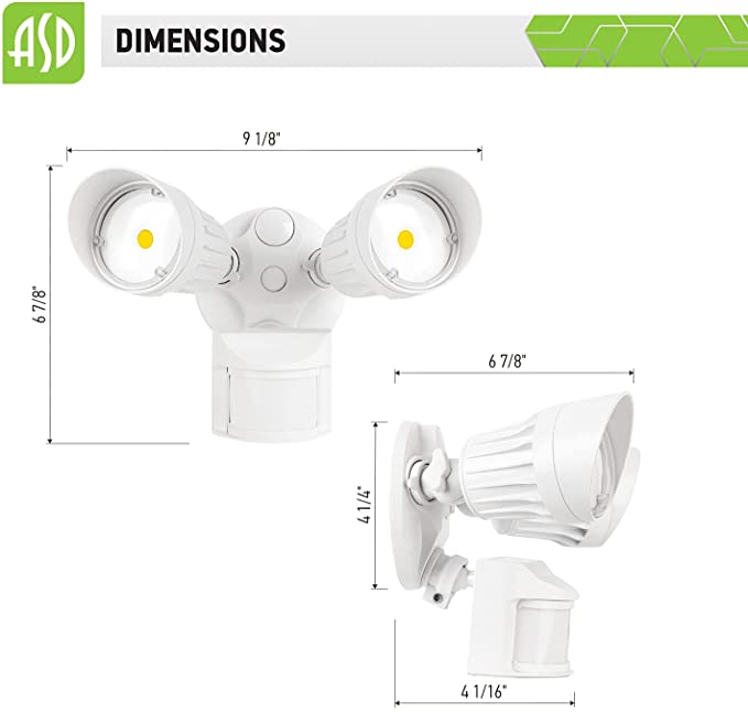 ASD-LSR-20AC-WH LED Security Motion Sensor Light 20W Select 3k 4k 5K 120-277V Double Heads Dusk to Dawn Photocell