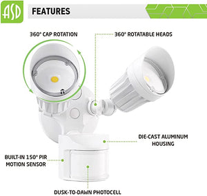 ASD-LSR-20AC-WH LED Security Motion Sensor Light 20W Select 3k 4k 5K 120-277V Double Heads Dusk to Dawn Photocell