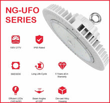 Load image into Gallery viewer, WHITE 200 Watt UFO Round High Bay LED Light Fixture 29,848 LM DLC 5K dimmable NG-UFO-200W
