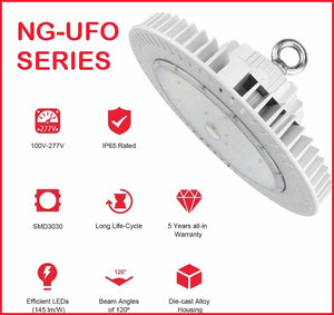 WHITE 200 Watt UFO Round High Bay LED Light Fixture 29,848 LM DLC 5K dimmable NG-UFO-200W