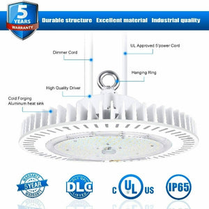 WHITE 150 Watt UFO Round High Bay LED Light Fixture DLC 5K dimmable NG-IHB-150W