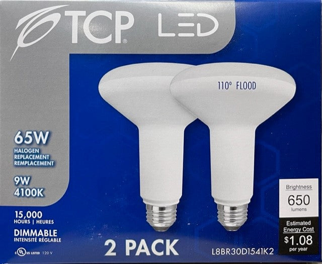 2 Pack TCP L8BR30D1541K2 LED 65w Equal Dimmable Light Bulbs BR30 650lm Floodlights 4100k