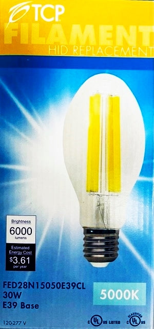 TCP FED28N15050E39CL 30W LED Glass Filament Lamp ED28 5000K 6000Lm 120-277V E39