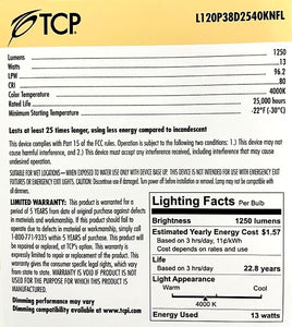 TCP PAR 38 L120P38D2540KNFL 13 Watts LED 120w Replacement 25 deg beam narrow flood 1250 Lumens Wet Location