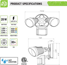 Load image into Gallery viewer, ASD LED Exterior Security Motion Sensor Light 20W 2040Lm Color Select 3-4-5k 120-277V IP65 All Weather Double Adjustable Heads Dusk to Dawn Photocell